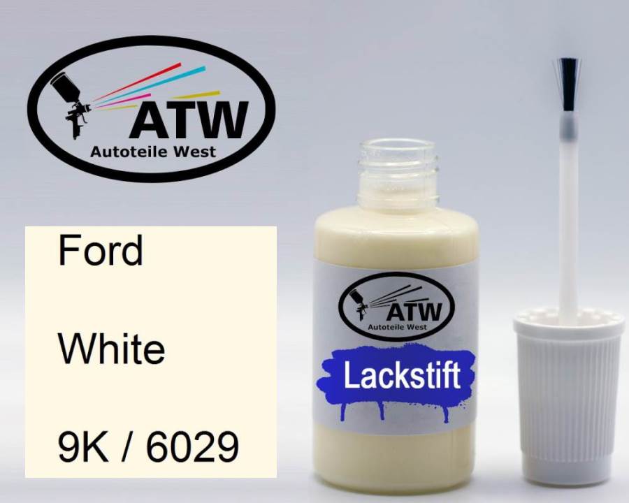 Ford, White, 9K / 6029: 20ml Lackstift, von ATW Autoteile West.
